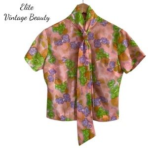 Vintage Women’s Muted Neon Floral Button Up Cropped Blouse with Tied Neckline